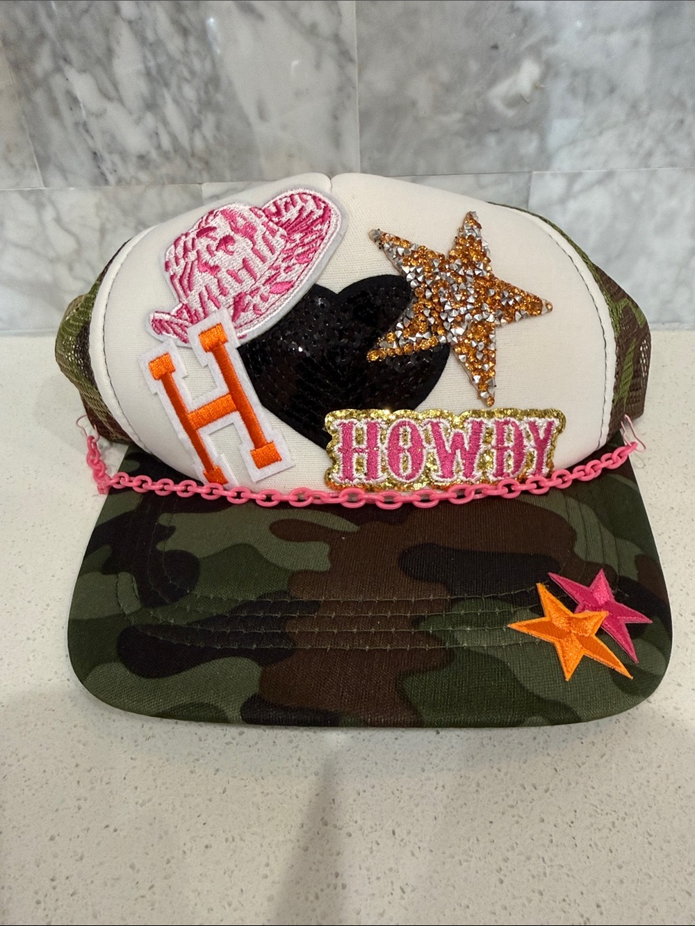 Camouflage Patch Trucker Hat with Pink Accents Howdy Western